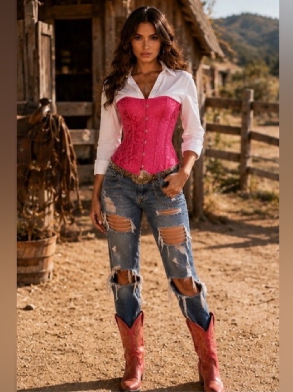 Hot Pink Floral Brocade Waist Cincher Corset
